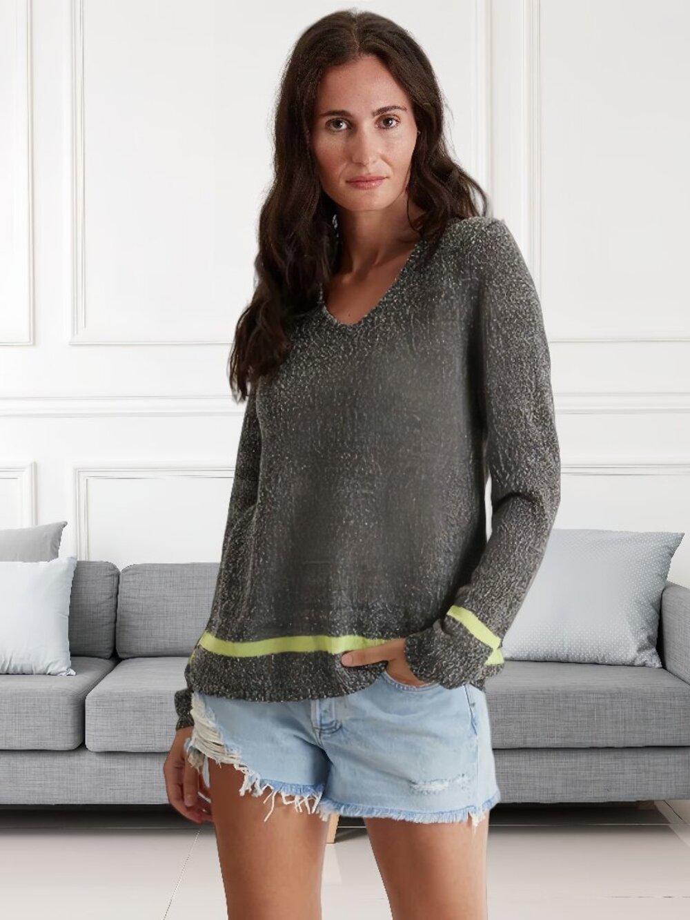 ✨ Relaxed V-Neck Knit Sweater w/ Neon Accent Stripe ✨
